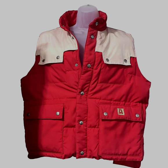 Academy Broadway Puffer Vest Womens XL Goose Down Feathers Red Tan Gorpcore Hike - Picture 1 of 11